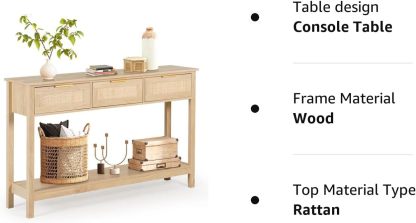 51" Console Table, Oak Grain Sofa Table with Wood Frame, Rustic Hallway Table with 3 Bamboo Weaving Storage Drawers and Shelf for Foyer Living Room Entryway