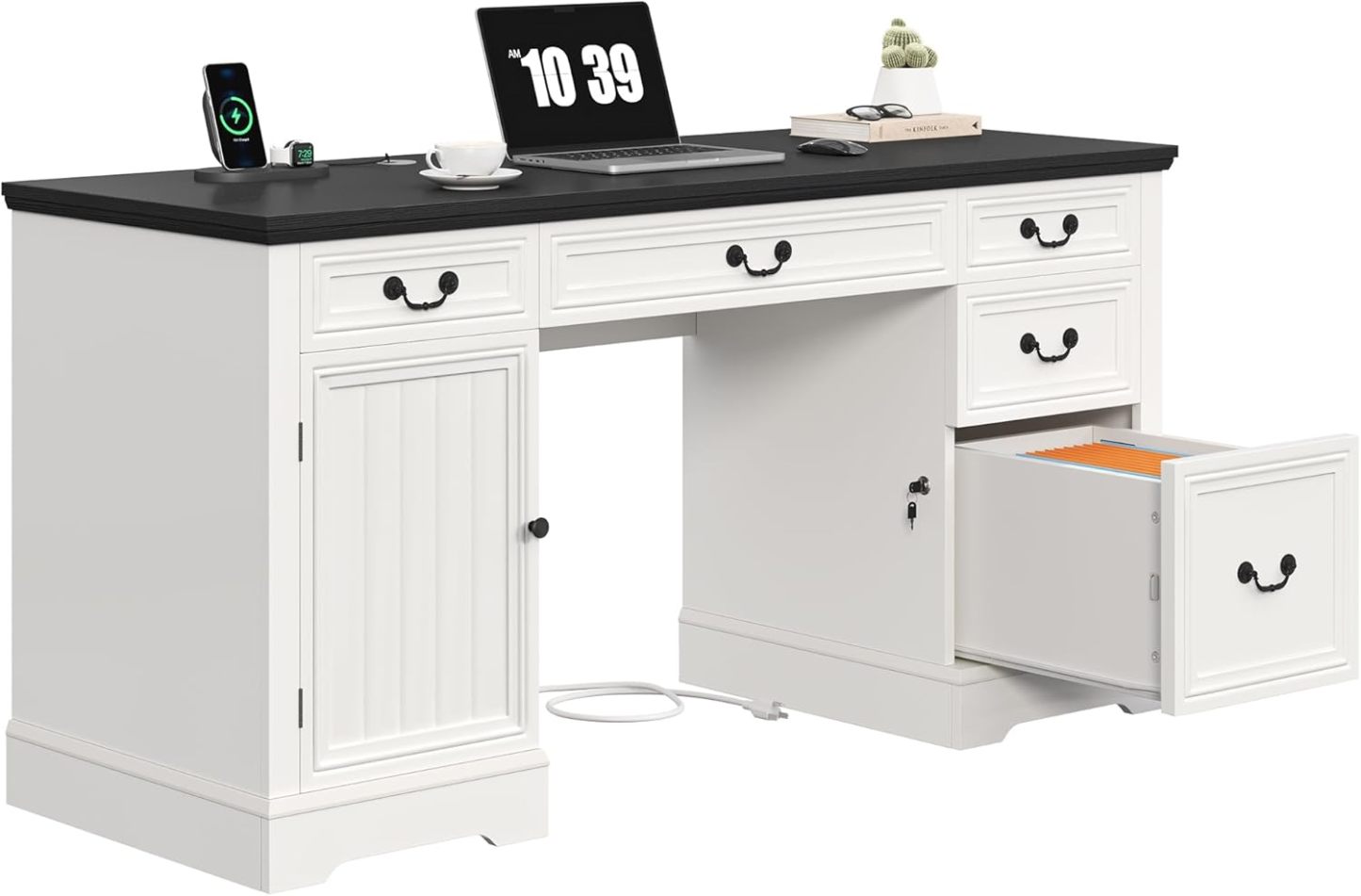 Executive Desk with Drawers, 59" Farmhouse Computer Desk with Power Outlets, Wood Office Desk with Storage Cabinet
