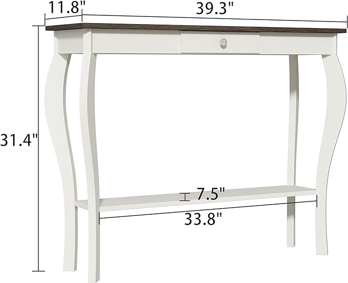 Narrow Farmhouse Console Table with Drawer, Chic Accent Sofa Entryway Table with Shelves for Entryway, Living Room, Hallway, Antique White & Brown