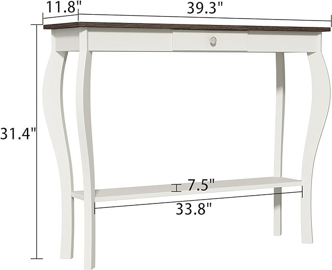 Narrow Farmhouse Console Table with Drawer, Chic Accent Sofa Entryway Table with Shelves for Entryway, Living Room, Hallway, Antique White & Brown