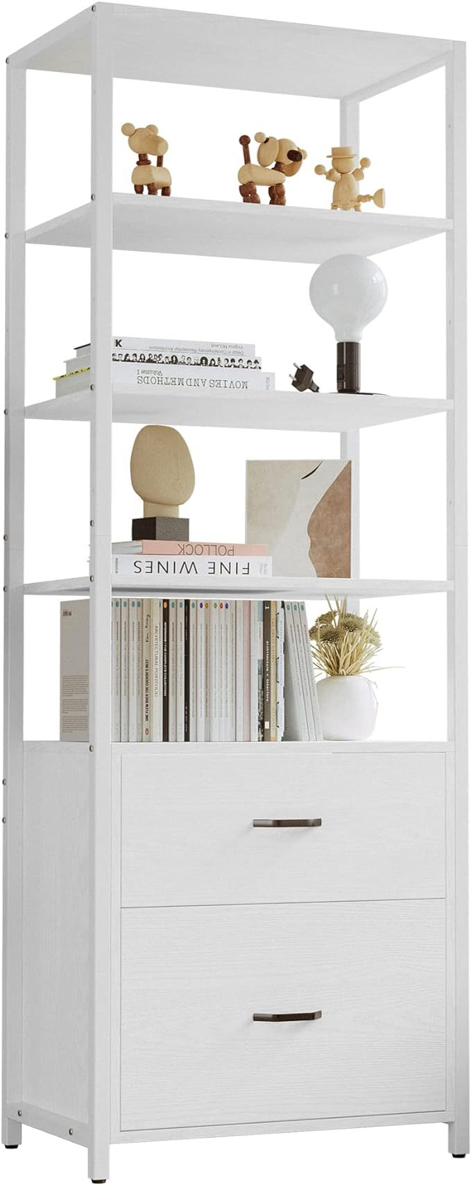 71.6 in Tall Bookshelf 5 Tier, Freestanding Storage Home Office Cabinet Organizer, Rustic Home Decor, White