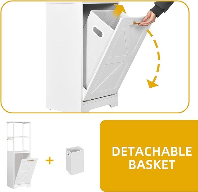 Tilt Out Laundry Hamper, Hidden Laundry Hamper Cabinet and 3-Tier Storage Shelves with Removable Laundry Basket
