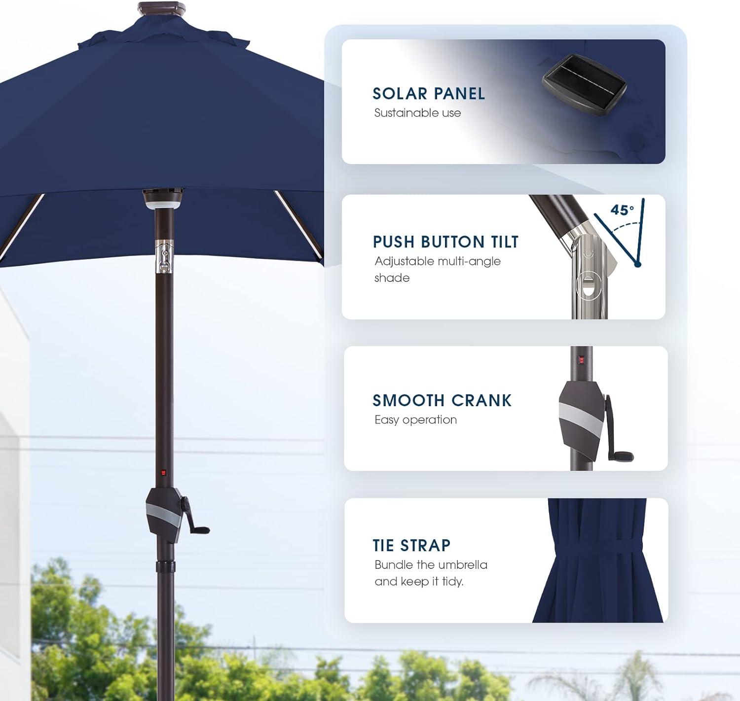 9 FT Outdoor Solar Patio Umbrella LED Table Umbrellas with 16 LED Strip Lights & Hub Light