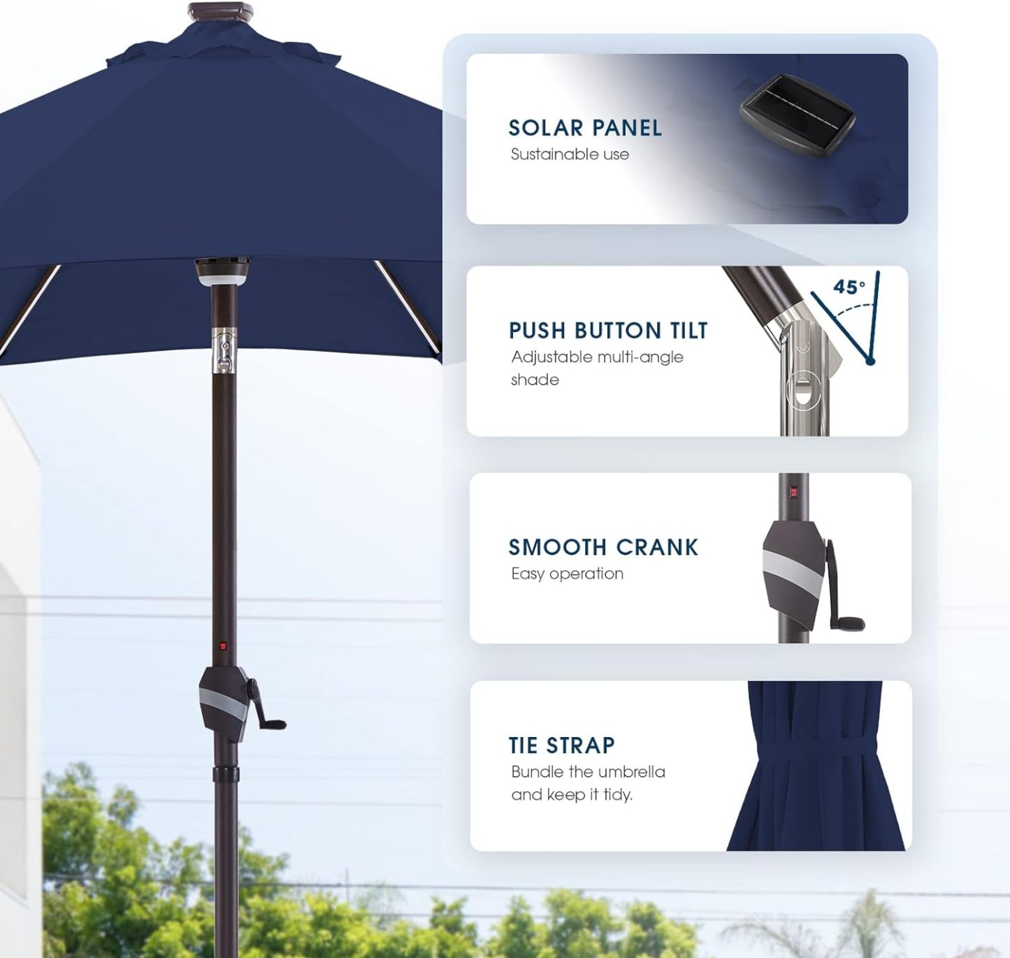 9 FT Outdoor Solar Patio Umbrella LED Table Umbrellas with 16 LED Strip Lights & Hub Light