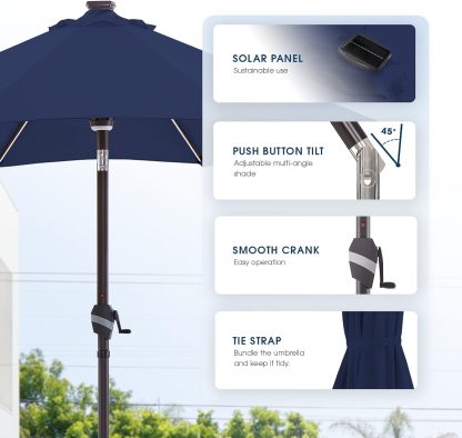 9 FT Outdoor Solar Patio Umbrella LED Table Umbrellas with 16 LED Strip Lights & Hub Light