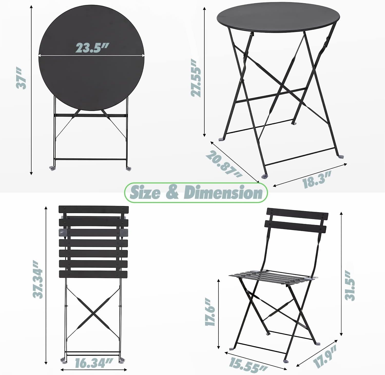 3 Piece Outdoor Bistro Set - Foldable Outdoor Chairs Set of 2 and Folding Bistro Table