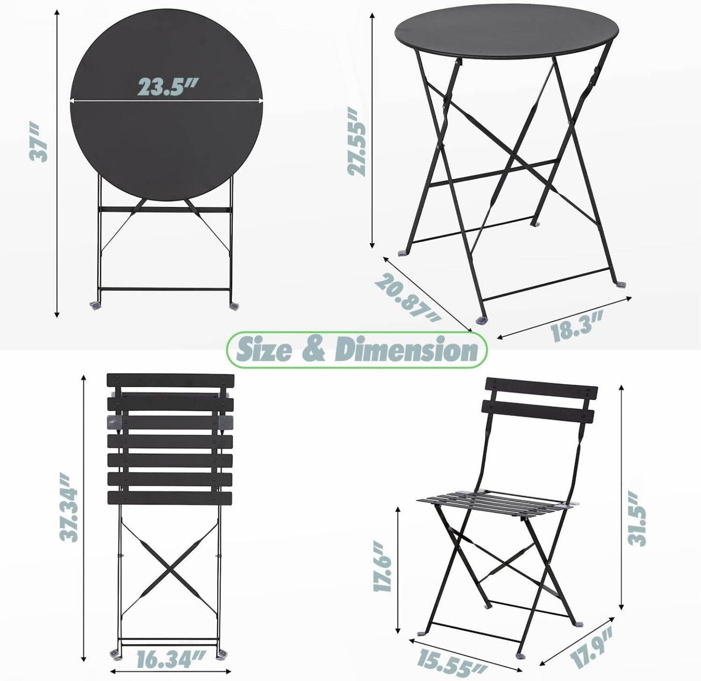 3 Piece Outdoor Bistro Set - Foldable Outdoor Chairs Set of 2 and Folding Bistro Table
