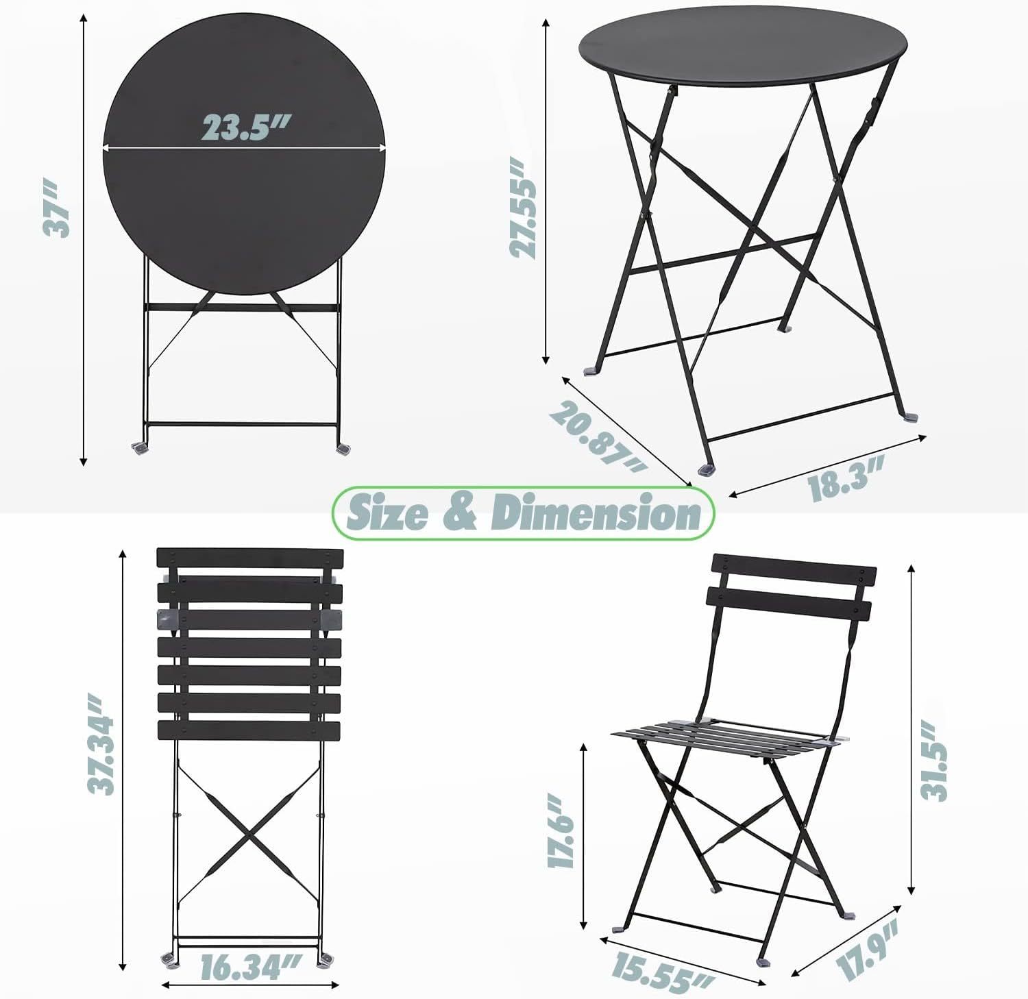 3 Piece Outdoor Bistro Set - Foldable Outdoor Chairs Set of 2 and Folding Bistro Table