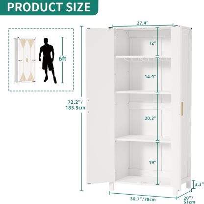 72" Tall Storage Cabinet, Modern Kitchen Pantry Cabinet with Carved Design for Doors ＆ Adjustable Shelves, Freestanding Wooden Storage Cabinet