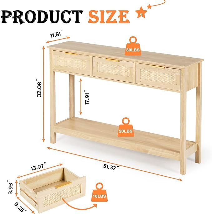 51" Console Table, Oak Grain Sofa Table with Wood Frame, Rustic Hallway Table with 3 Bamboo Weaving Storage Drawers and Shelf for Foyer Living Room Entryway