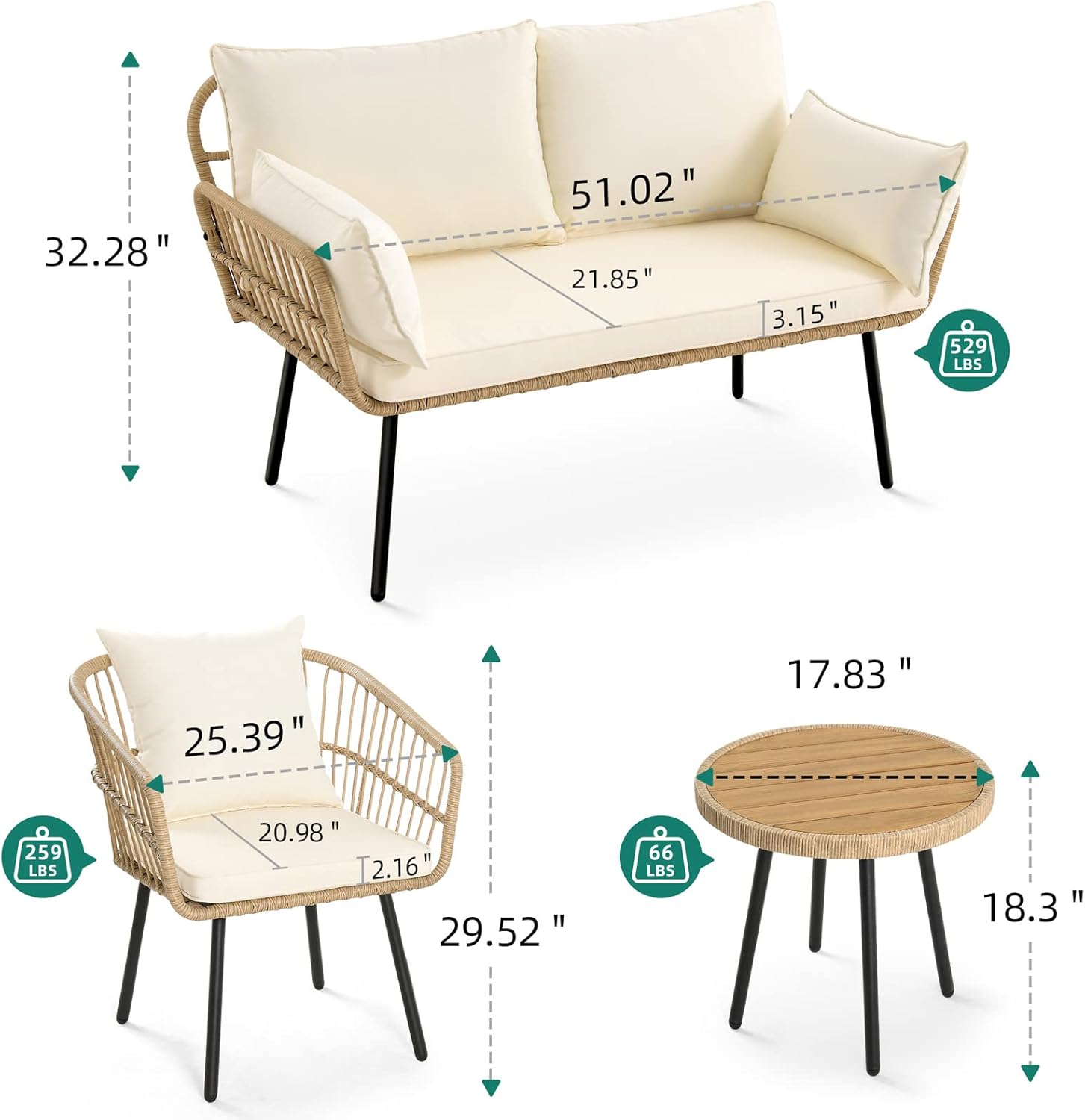 4 Pieces Patio Furniture Set, Wicker Balcony Bistro Set, Outdoor All-Weather Rattan Conversation Set