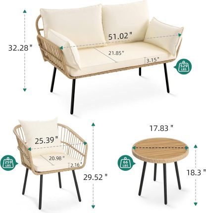 4 Pieces Patio Furniture Set, Wicker Balcony Bistro Set, Outdoor All-Weather Rattan Conversation Set