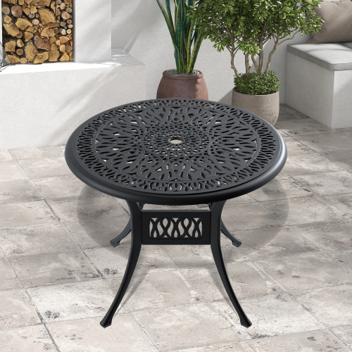 Ø35.43-inch Cast Aluminum Patio Dining Table With Black Frame and Umbrella Hole 
