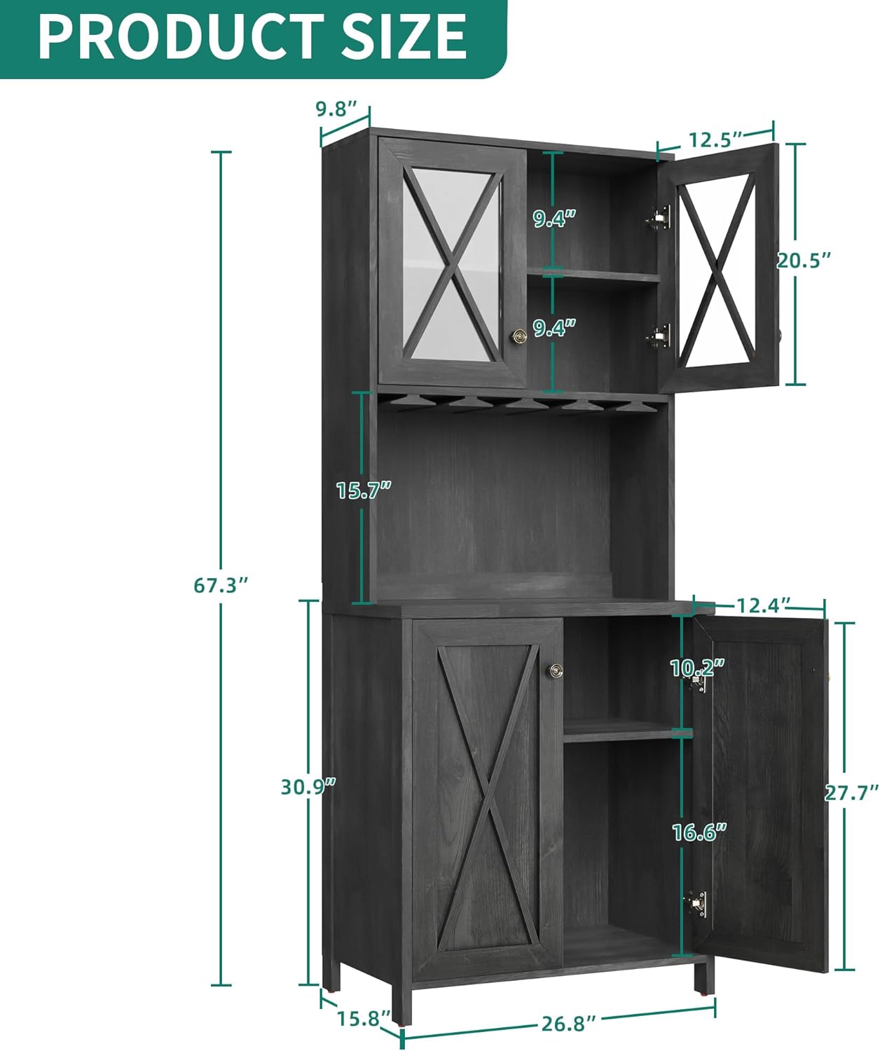 Kitchen Pantry Cabinet Storage with Microwave Stand, 67'' Tall Pantry Buffet Cabinet w/Acrylic Glass Doors and Glass Holder, Freestanding Hutch Cupboard