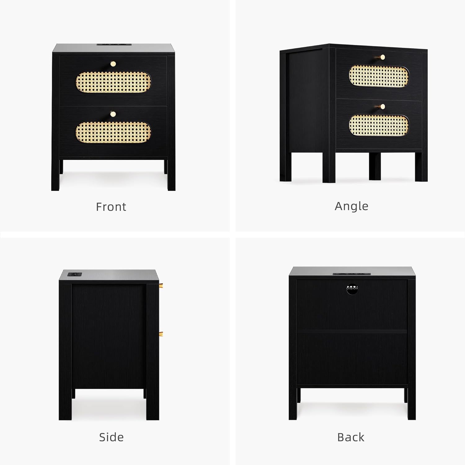 Natural Rattan Nightstands Set of 2 with Charging Station