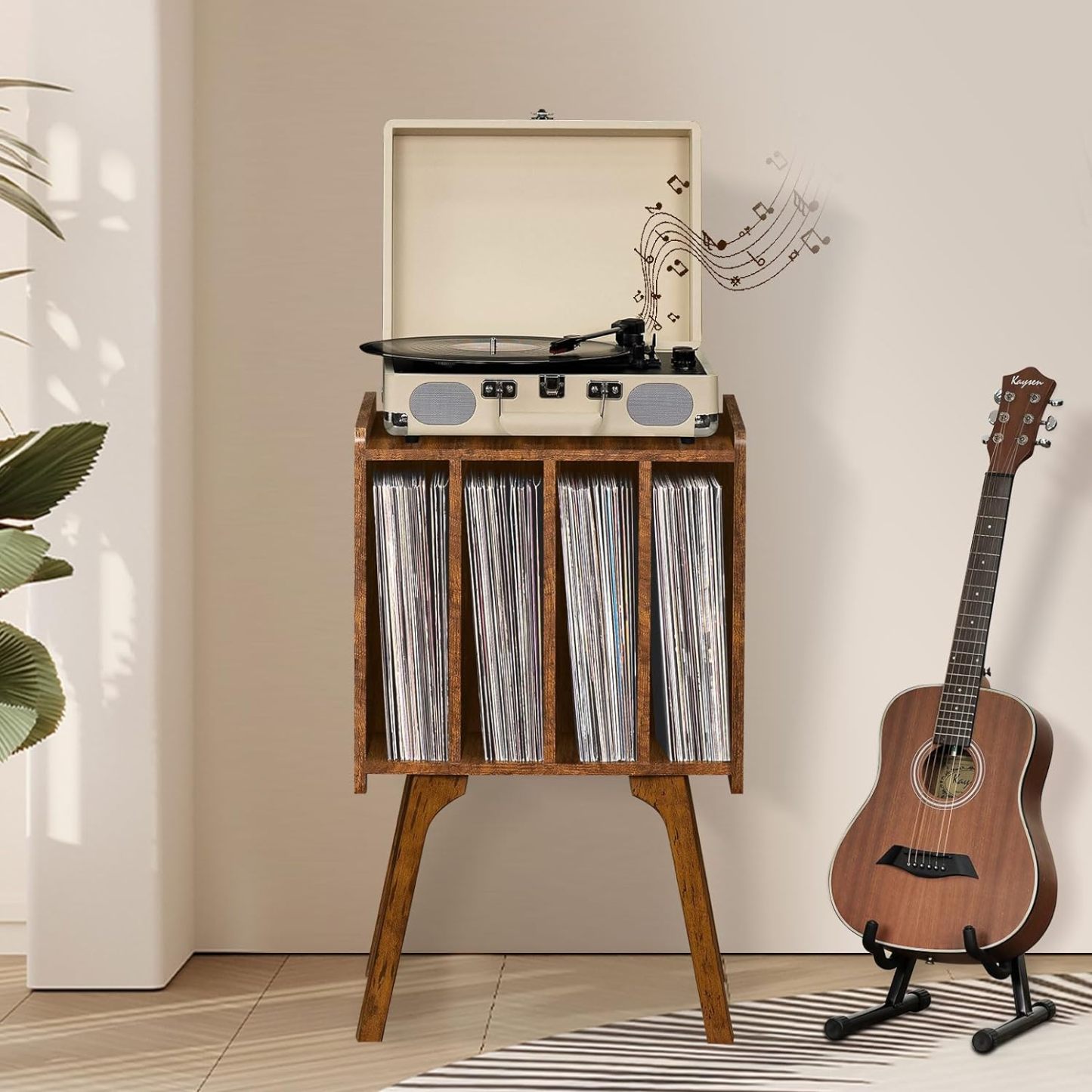 Record Player Stand with Storage Holds Up to 100 Albums, Turntable Stand with Beech Wood Legs, Mid-Century Record Player Table, Brown Vinyl Holder Display Shelf for Bedroom Living Room
