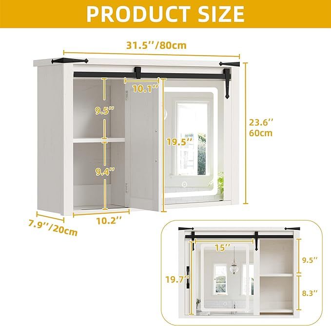 Farmhouse Medicine Cabinet Mirror with Lights, Bathroom Wall Cabinet w/Rustic Sliding Barn Door