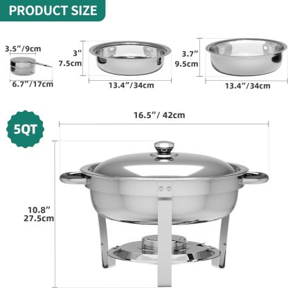 Chafing Dishes for Buffet, 5QT Round Chafing Dishes for Buffet with Lid & Lid Holder, Stainless Steel Chafers and Buffet Warmers Sets