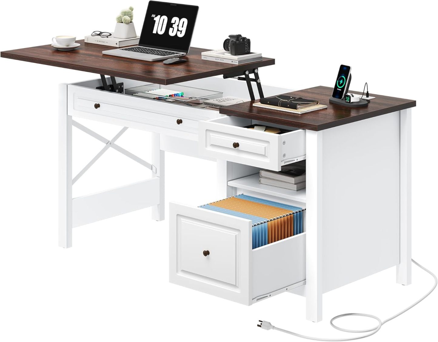 Computer Desk with Drawers, Farmhouse Desk with Lift Top, Office Desk with Power Outlets