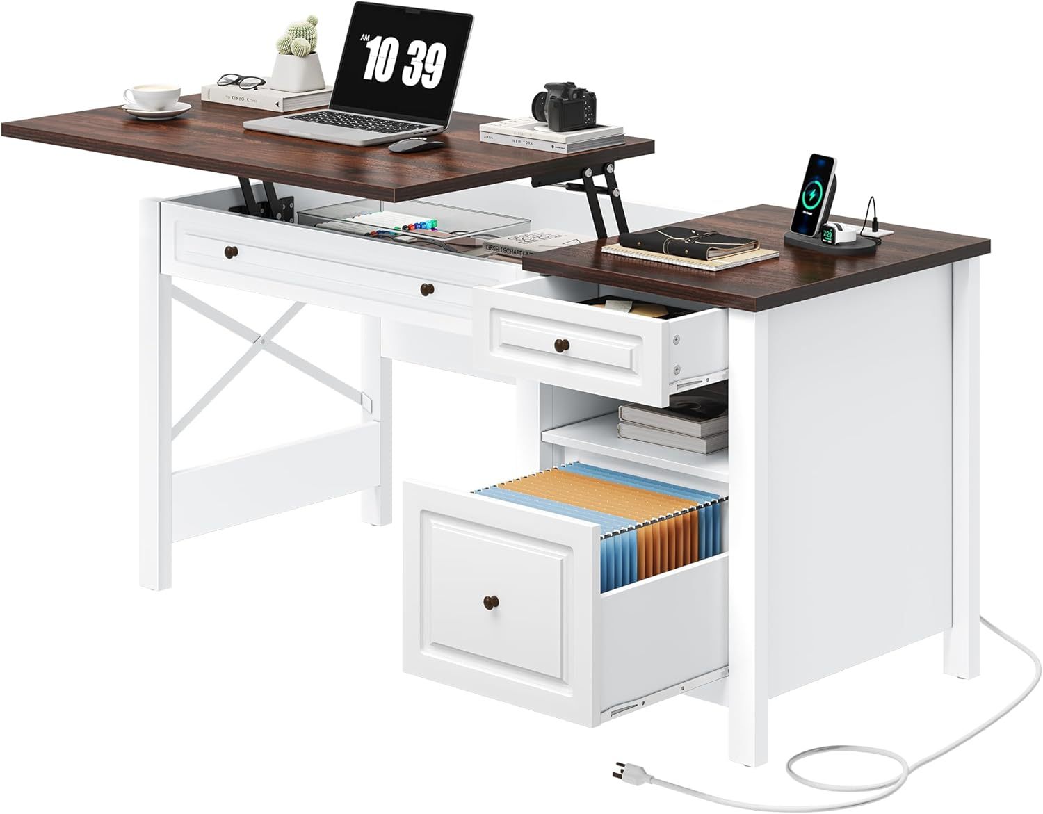 Computer Desk with Drawers, Farmhouse Desk with Lift Top, Office Desk with Power Outlets