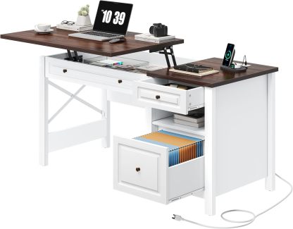 Computer Desk with Drawers, Farmhouse Desk with Lift Top, Office Desk with Power Outlets
