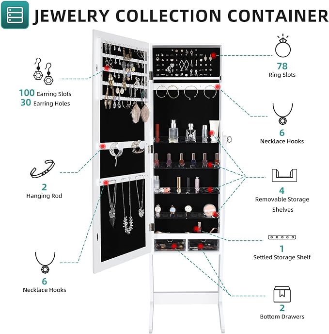 Mirror Jewelry Cabinet, Free Standing Jewelry Armoire Mirror Organizer