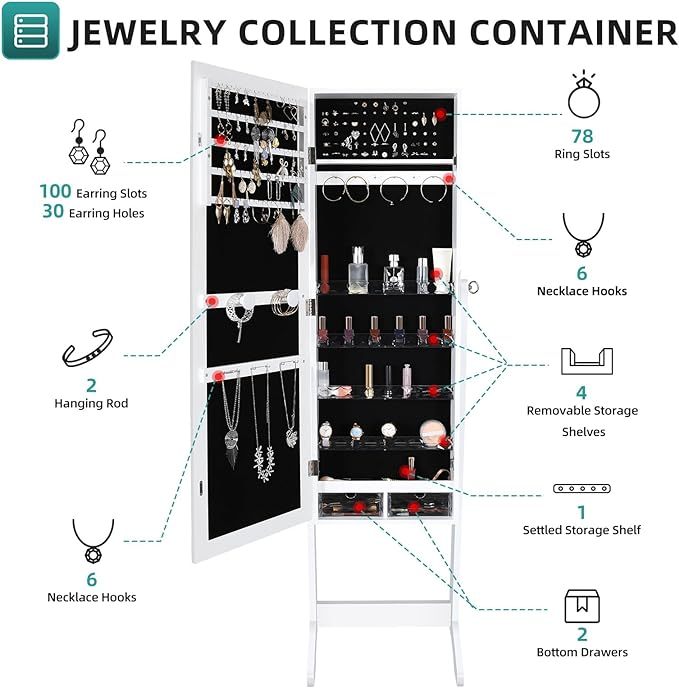 Mirror Jewelry Cabinet, Free Standing Jewelry Armoire Mirror Organizer