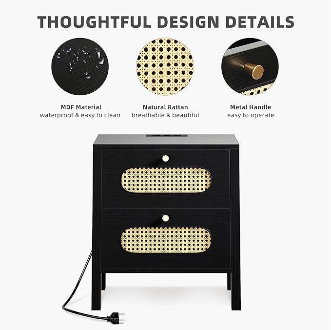 Natural Rattan Nightstands Set of 2 with Charging Station