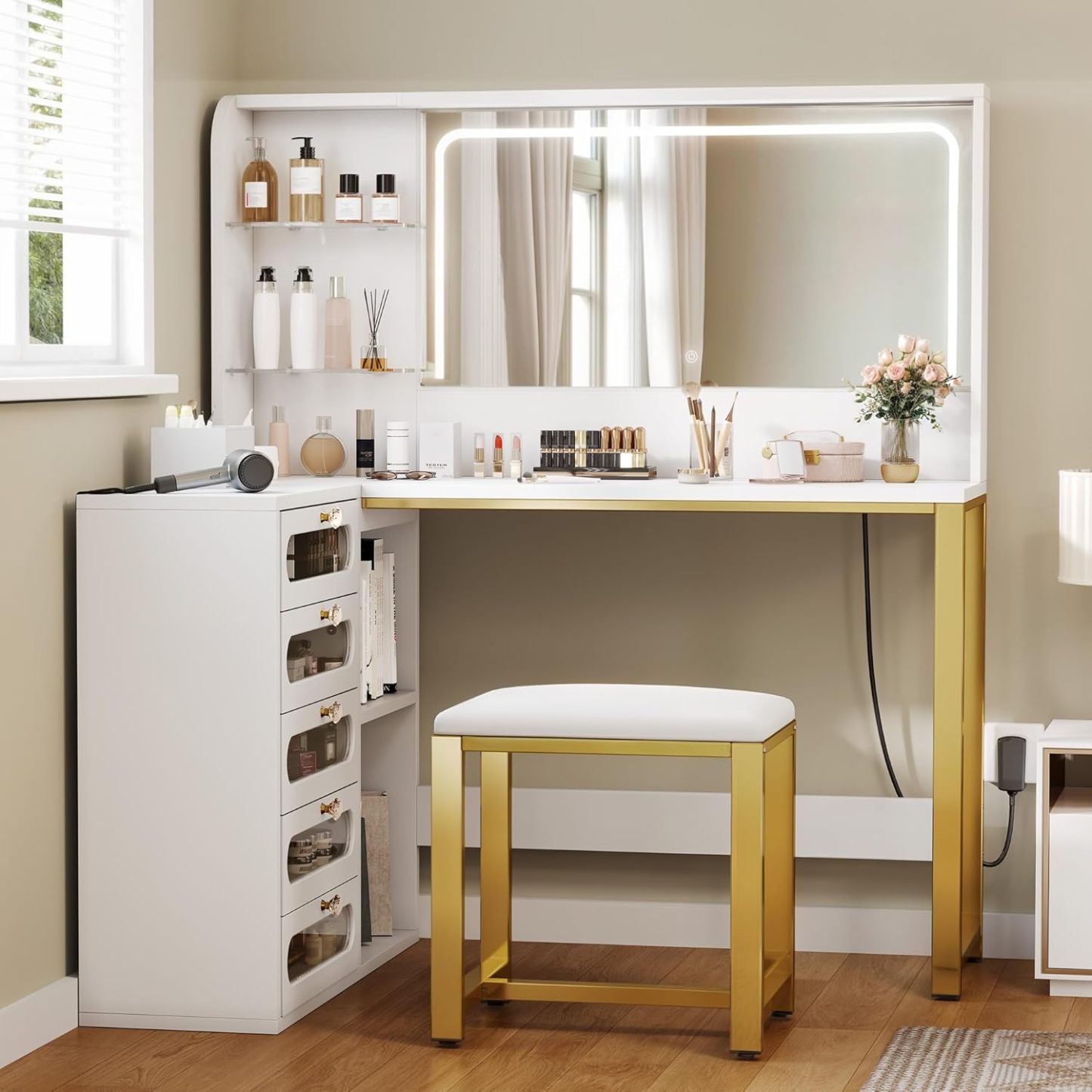 Vanity Desk Set- L Makeup Vanity with Mirror and Lights 3 Lighting Modes, 48" Large Dressing Table with 5 Tempered Glass Drawers with Open Storage Shelves Vanity Table, White