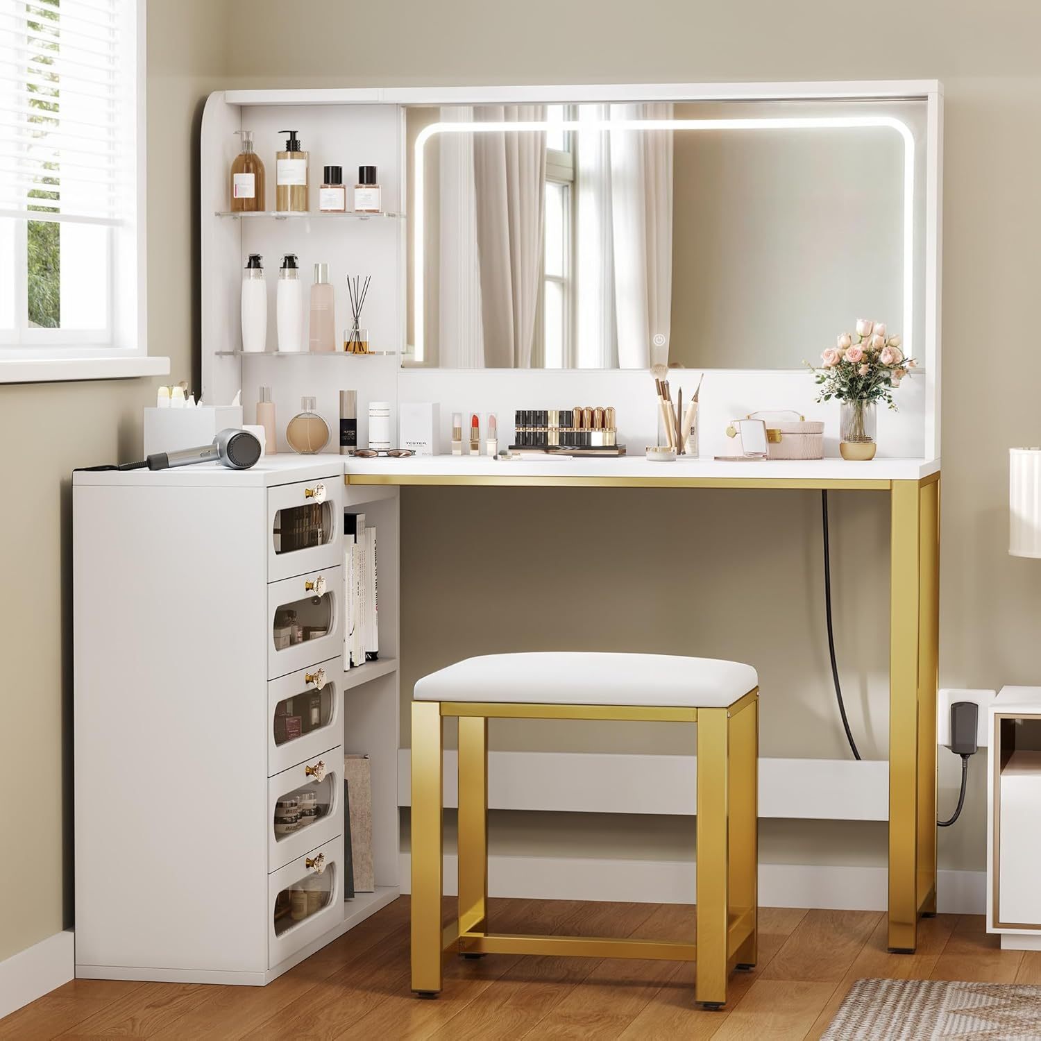 Vanity Desk Set- L Makeup Vanity with Mirror and Lights 3 Lighting Modes, 48" Large Dressing Table with 5 Tempered Glass Drawers with Open Storage Shelves Vanity Table, White