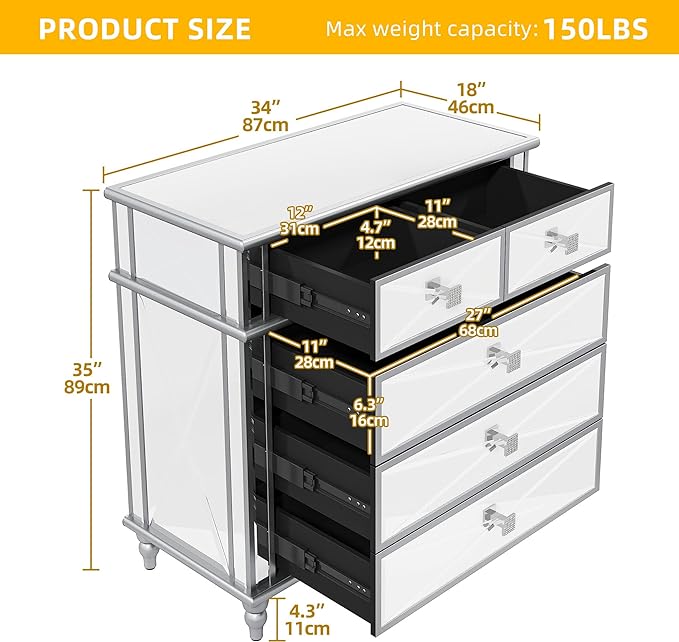 Silver Mirrored 5 Drawer Dressers, 35" Accent Chest with Drawers