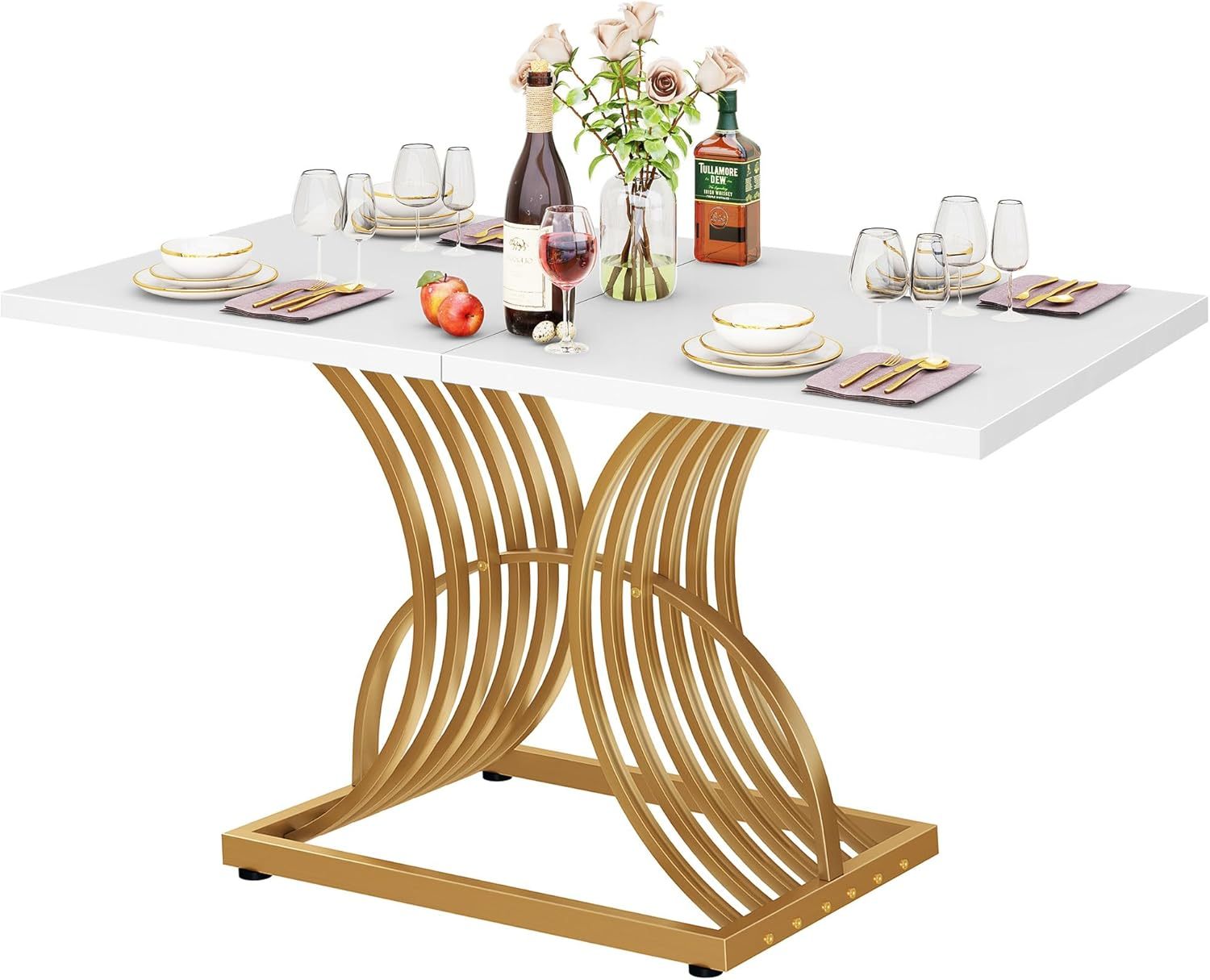 Dining Room Table 47 Inch Rectangle Dining Table for 4 Modern Kitchen Table White Dinner Table with Gold Leg for Home