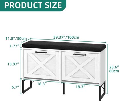 Shoe Cabinet Storage Bench for Entryway, 2-Tier Shoe Bench with 2 Flip Drawers & Padded Seat Cushion