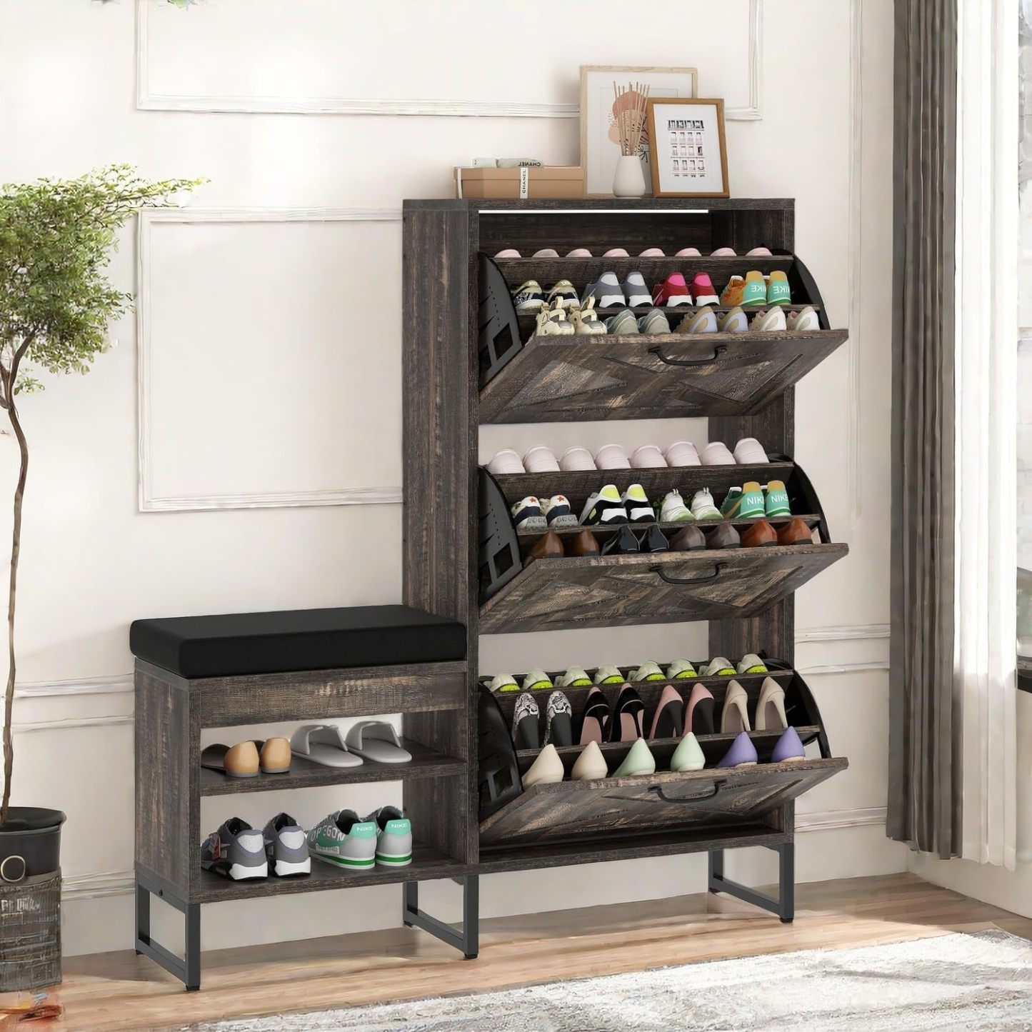 Shoe Cabinet with Bench for Entryway, 3 Flip Drawers Shoe Storage Cabinet with Shoe Bench