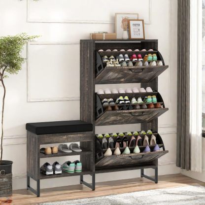 Shoe Cabinet with Bench for Entryway, 3 Flip Drawers Shoe Storage Cabinet with Shoe Bench
