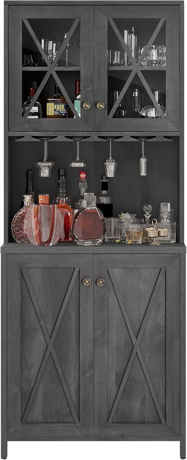 Kitchen Pantry Cabinet Storage with Microwave Stand, 67'' Tall Pantry Buffet Cabinet w/Acrylic Glass Doors and Glass Holder, Freestanding Hutch Cupboard