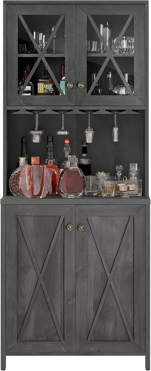 Kitchen Pantry Cabinet Storage with Microwave Stand, 67'' Tall Pantry Buffet Cabinet w/Acrylic Glass Doors and Glass Holder, Freestanding Hutch Cupboard