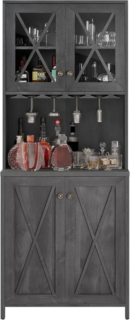 Kitchen Pantry Cabinet Storage with Microwave Stand, 67'' Tall Pantry Buffet Cabinet w/Acrylic Glass Doors and Glass Holder, Freestanding Hutch Cupboard