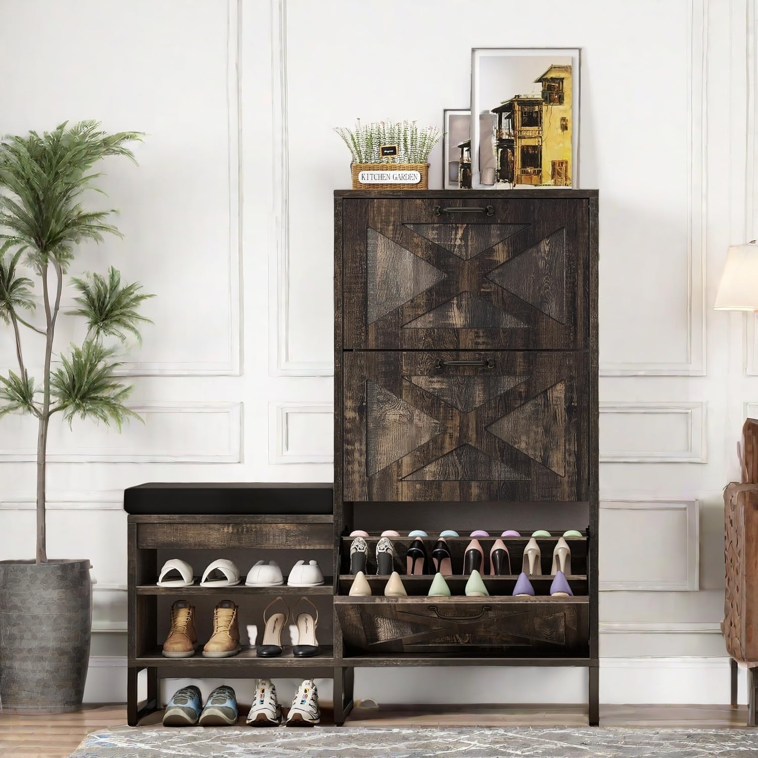 Shoe Cabinet with Bench for Entryway, 3 Flip Drawers Shoe Storage Cabinet with Shoe Bench