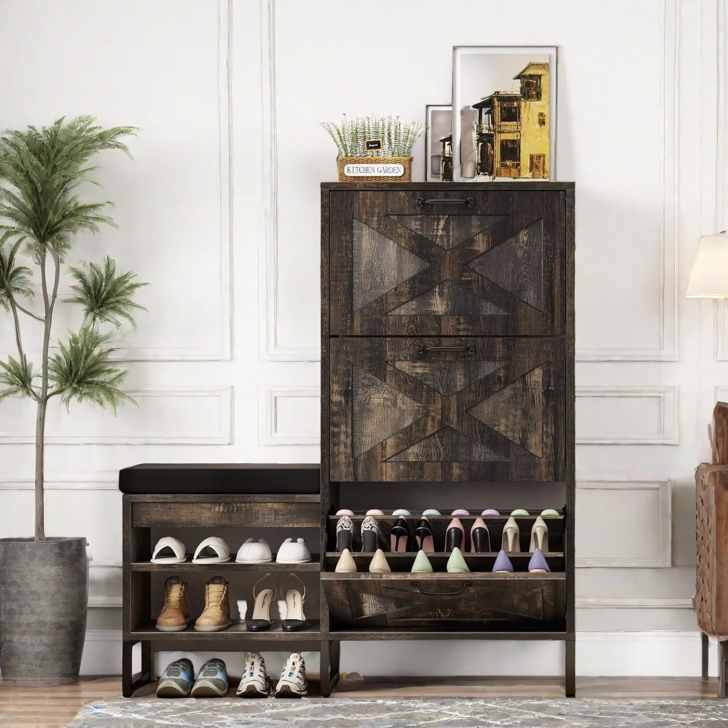 Shoe Cabinet with Bench for Entryway, 3 Flip Drawers Shoe Storage Cabinet with Shoe Bench