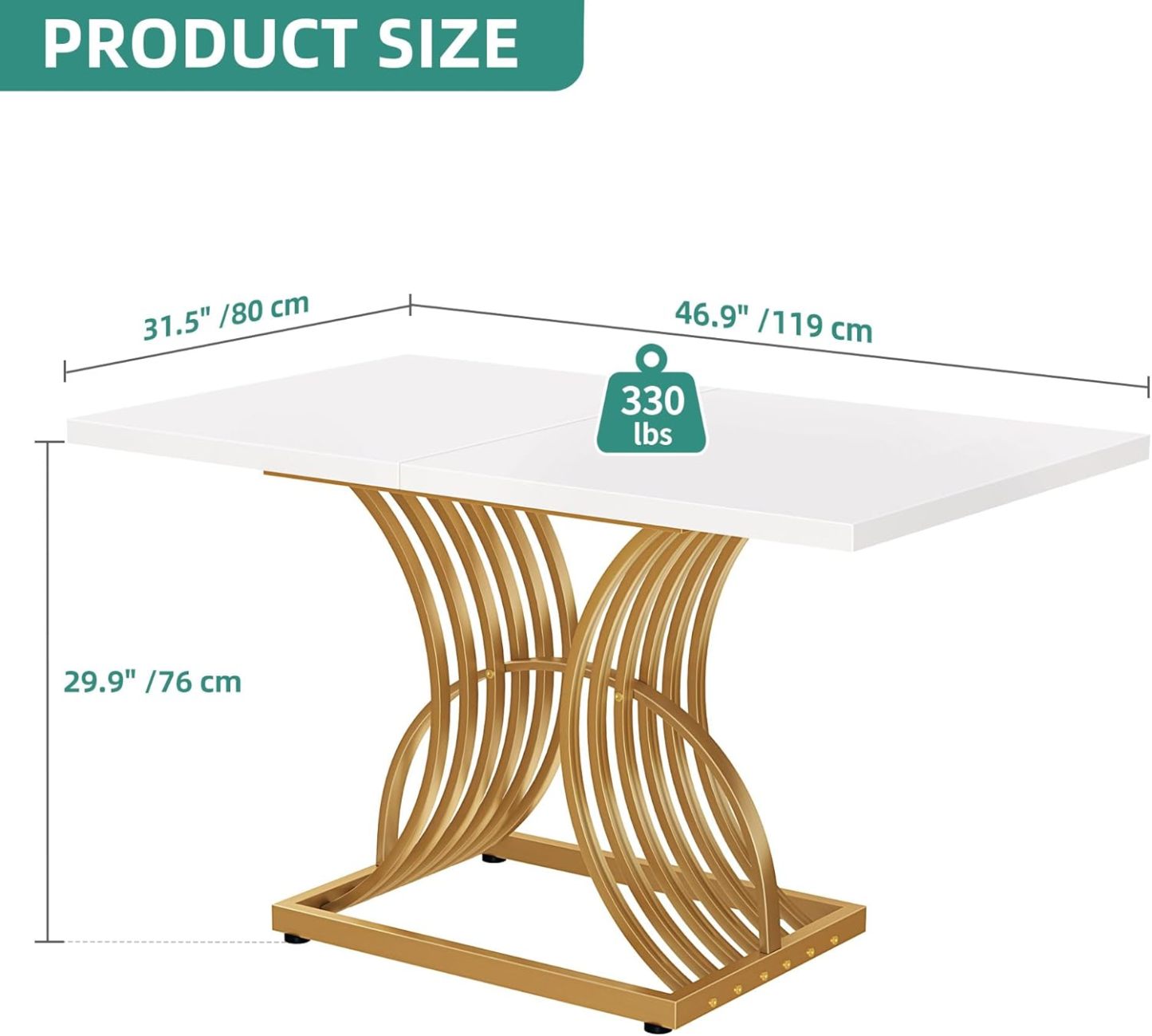 Dining Room Table 47 Inch Rectangle Dining Table for 4 Modern Kitchen Table White Dinner Table with Gold Leg for Home