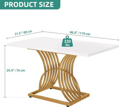 Dining Room Table 47 Inch Rectangle Dining Table for 4 Modern Kitchen Table White Dinner Table with Gold Leg for Home