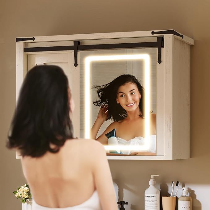 Farmhouse Medicine Cabinet Mirror with Lights, Bathroom Wall Cabinet w/Rustic Sliding Barn Door