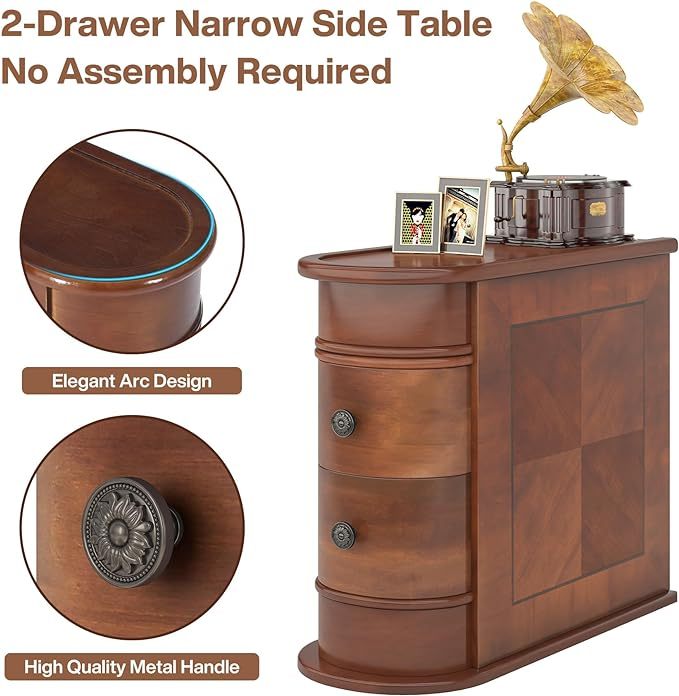Solid Wood End Table, 2-Drawer Narrow Side Table