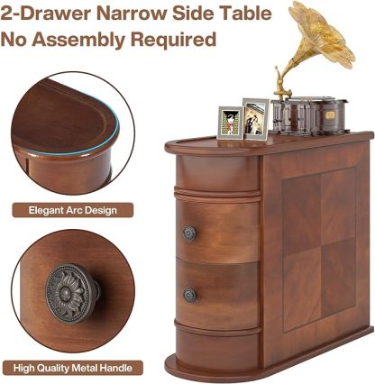 Solid Wood End Table, 2-Drawer Narrow Side Table