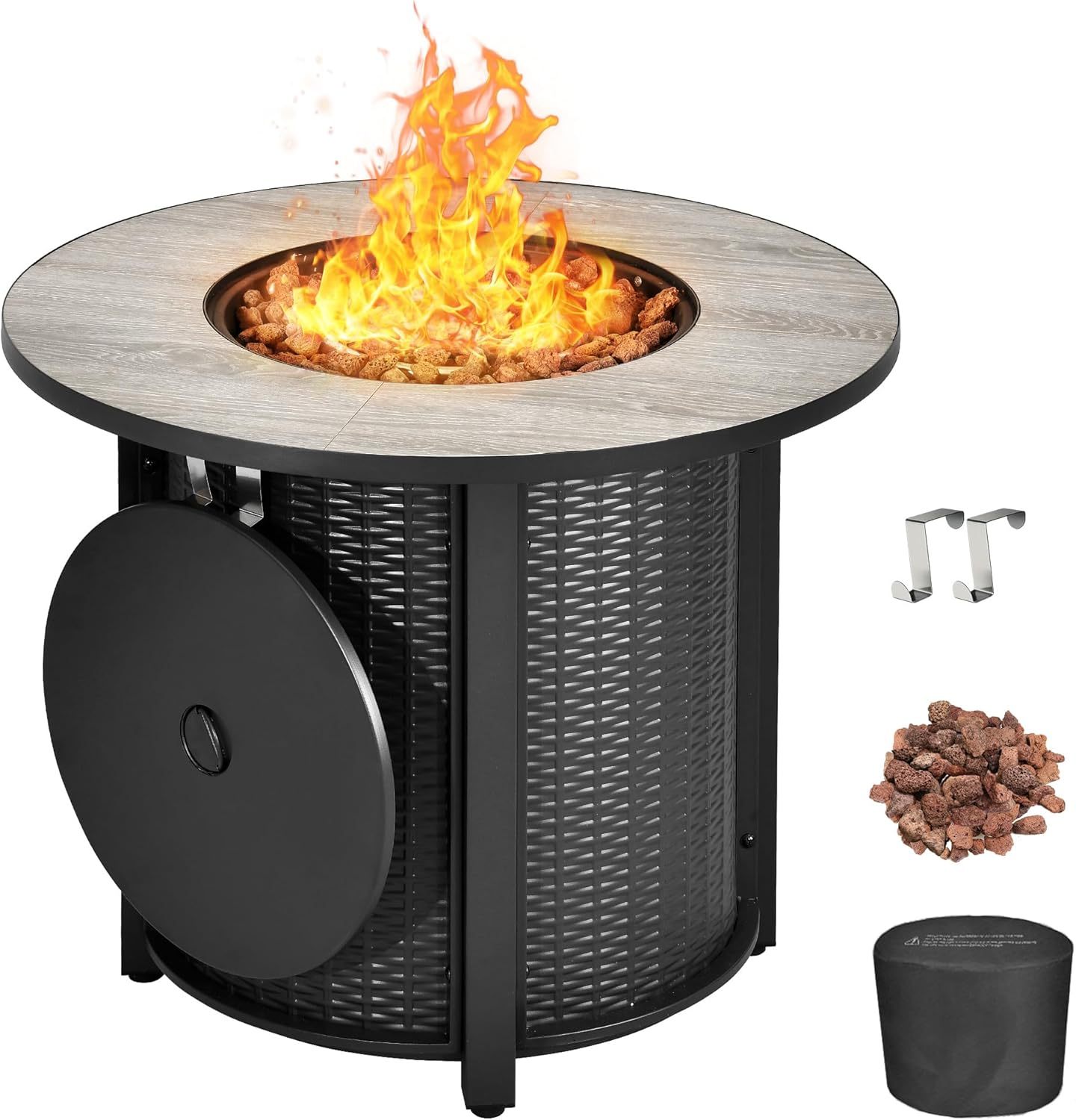 Propane Fire Pit Table 30 Inch Outdoor Round Gas Firepit 50,000 BTU Auto-Ignition Gas Fire Pits for Outside Patio Ceramic Tabletop fire Pit with Lid