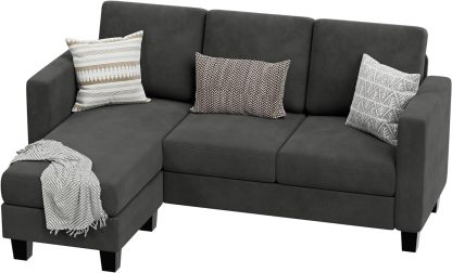 Convertible Sectional Sofa Couch, 3 Seat L-Shaped Sofa with Linen Fabric, Movable Ottoman