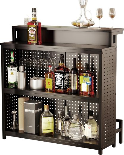 Mini Home Bar Unit with Music Sensing LED Light, Liquor Wine Coffee Stand w Counter Tall Bar Table Top Alcohol Storage Shelf Glasses Rack Footrest for Kitchen Pub Living Room