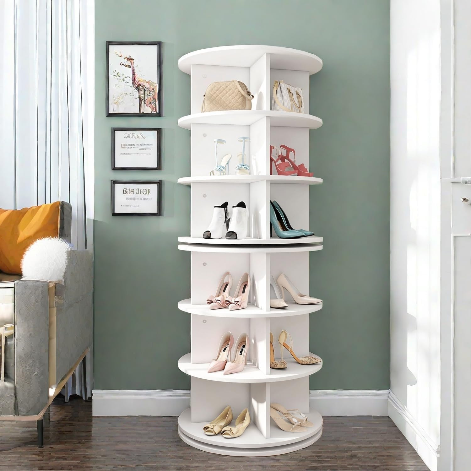 Rotating Shoe Rack Tower, Round Spinning Shoe Display, 6 Tier Free Standing 360° Revolving Shoe Organizer