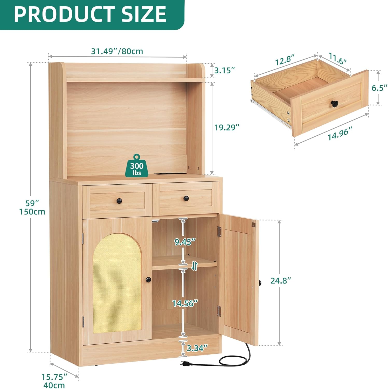 Kitchen Hutch Bakers Rack Cabinet, Coffee Bar Cabinet Kitchen Pantry Microwave Cabinet w/Power Outlet Rattan Storage Cabinet with Drawers and Shelves for Kitchen